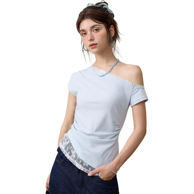 谜秀 蓝色露肩蕾丝短袖斜领通勤截短上衣 女款 奶黄色