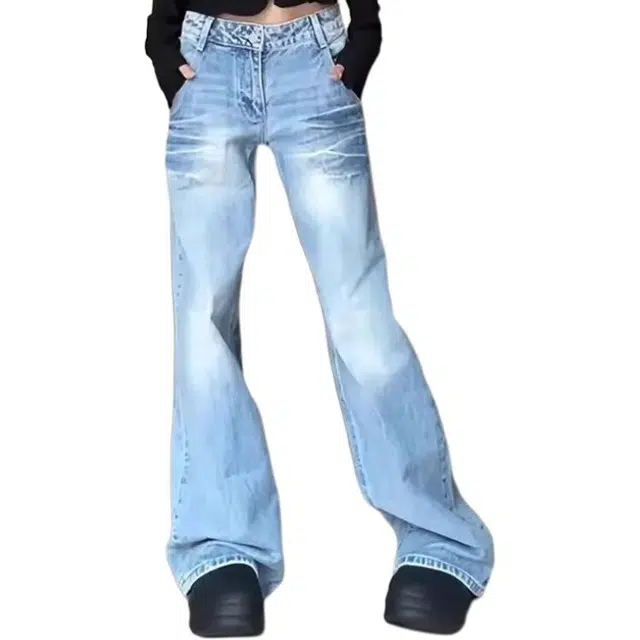 拓菲 美式高街微喇磨破洞牛仔裤 男女同款