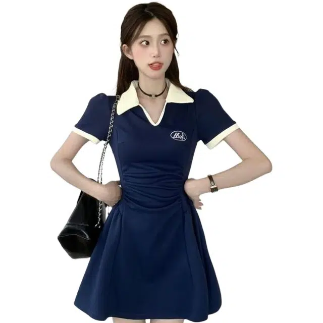 哒头下雨不愁 大码针织压褶刺绣撞色翻领气质收腰短袖连衣裙 女款