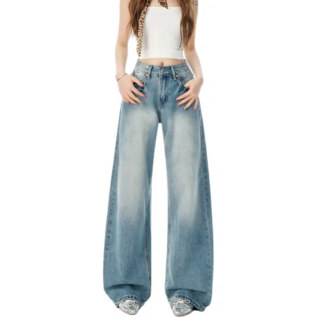 玫丝朵 美式复古水洗宽松直筒百搭垂感拖地牛仔裤 女款