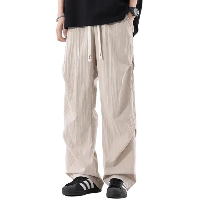 杜克恩 美式凉感速干阔腿伞兵裤夏季松紧腰抽绳长裤多巴胺宽松轻薄透气简约直筒休闲裤 男女同款