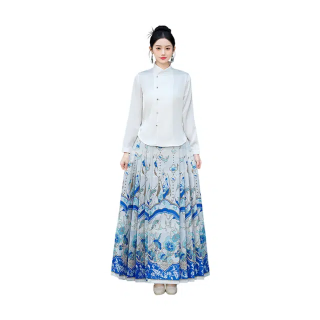 荟萃阁 新中式立领刺绣国风盘扣上衣一片式妆花织金百褶马面裙二件套裙装套装 女款
