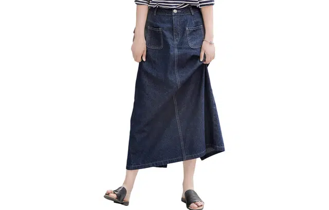 善己 纯色自然腰中长款休闲牛仔长裙 女款 蓝色