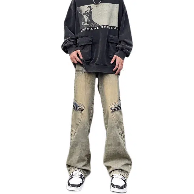 极限涡轮 高街美式复古水洗做旧黄泥染直筒工装设计感牛仔裤 男女同款