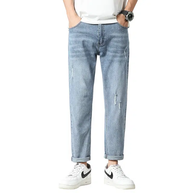 顶峰保罗 冰丝薄款破洞潮牌宽松休闲直筒工装无性别主义垂感长裤子时尚百搭水洗做旧设计感大码牛仔裤 男女同款