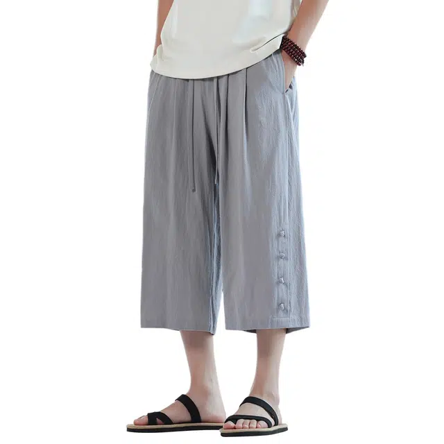 顶峰保罗 新中式时尚阔腿沙滩百搭直筒七分裤休闲短裤 男女同款