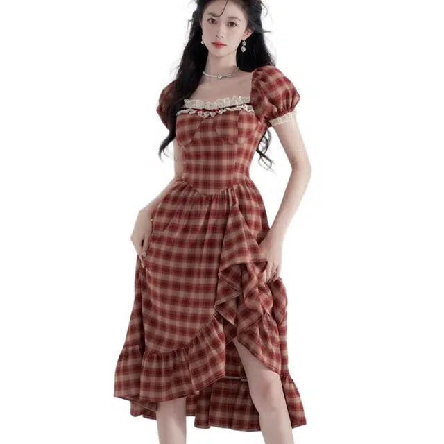 怪力萝莉 法式复古格子夏季泡泡袖方领长裙浪漫茶歇裙子女短袖连衣裙 女款