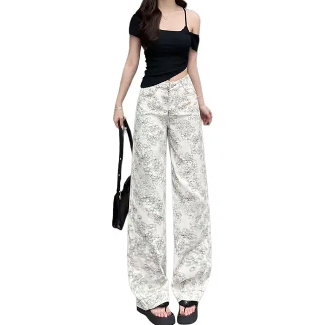 么宁 高腰宽松显瘦百搭阔腿裤设计感印花直筒休闲裤 女款