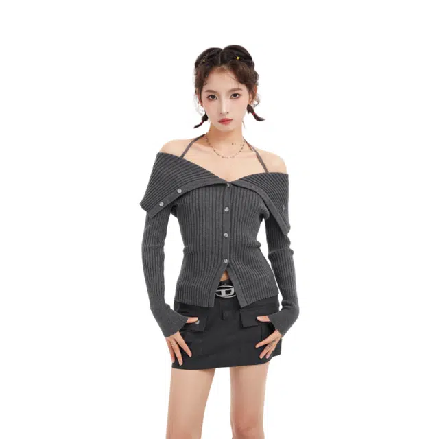 柏黛妃 挂脖一字肩长袖小个子内搭打底开衫露肩针织衫 女款 灰色