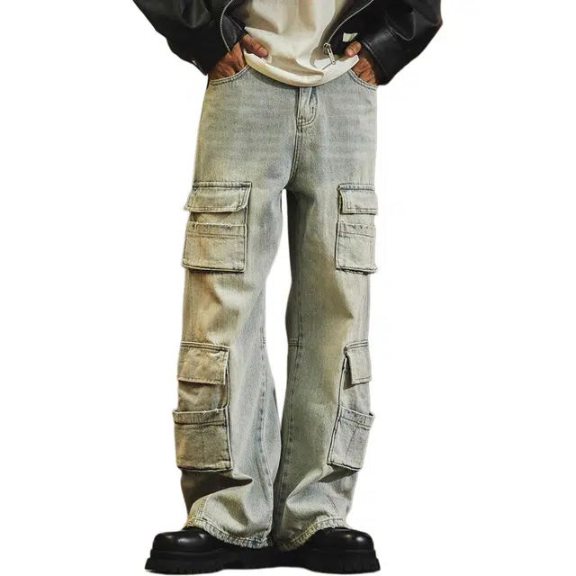 格蓝鹿 宽松美式高街水洗工装裤 男款 冰蓝色