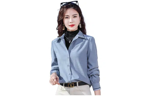 唐娜姿兰 纯色尖领纽扣时尚职业长袖衬衫 女款