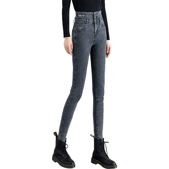 她池 高腰修身小脚铅笔裤休闲牛仔裤 女款 蓝灰色