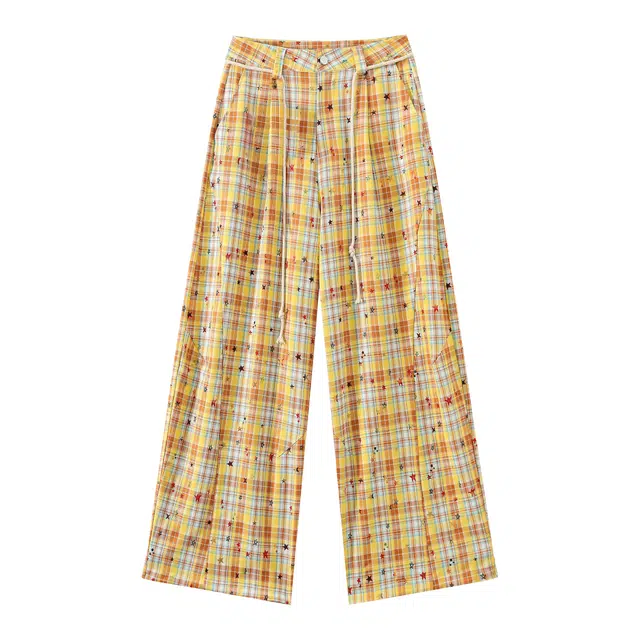 江南先生 日系复古学院风印花薄款宽松格子条纹百搭舒适通勤系带可调节长裤休闲裤 男女同款