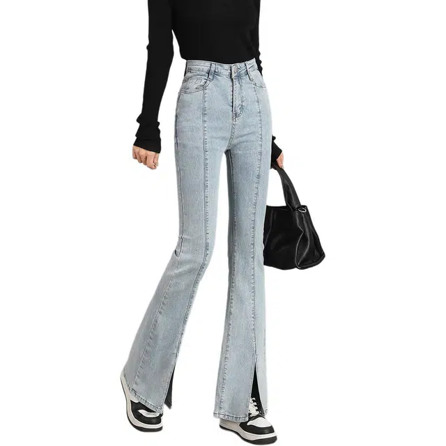 法文箱子 设计感百搭开叉纯色修身牛仔系,美式复古,甜酷风高腰休闲裤 女款