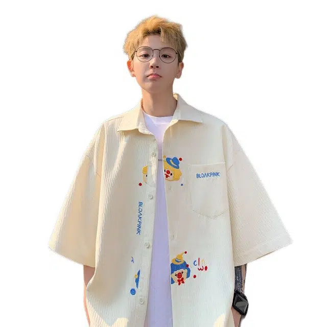 佐菲利 肌理感印花潮牌美式衬衣宽松透气五分袖外套夏季短袖衬衫 男女同款