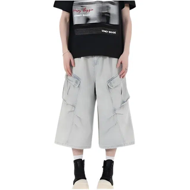 木木兔 美式潮流百搭简约工装高级感痞帅日系复古水洗七分裤做旧水洗大口袋褶皱牛仔短裤 男款