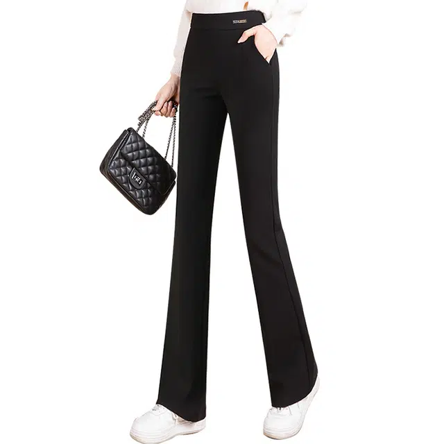 丝柏舍 纯色松紧腰微喇裤修身简约长款休闲裤 女款 黑色