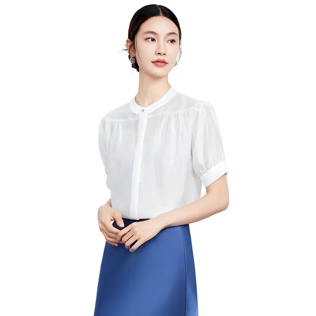 富铤 纯色通勤休闲法式简约立领短袖衬衫 女款