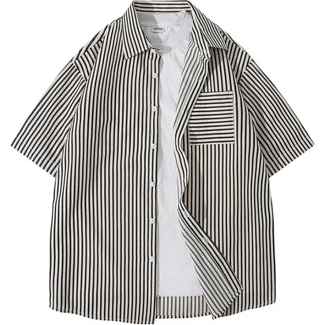 太子龍 美式复古条纹男短袖夏季薄款速干防晒五分袖宽松衬衣休闲衬衫 男女同款