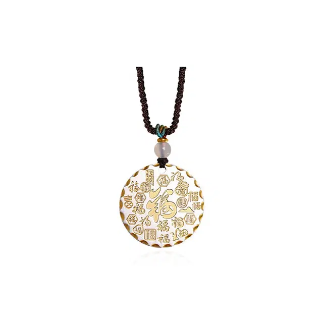 重庆金店 诸事皆顺新中式国潮风平安喜乐描金吉言银饼圆牌实心吊坠可调节小众设计#好运 合金 项链 男女同款情侣款