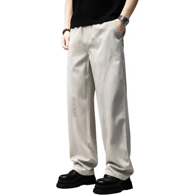 贵色 百搭舒适薄款潮牌垂感拼接设计透气冰丝凉感面料长裤美式痞帅高端天丝休闲阔腿直筒牛仔裤 男女同款