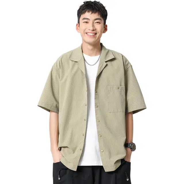 米素力 透气速干凉感格子落肩袖短袖古巴领宽松型衬衫 男款