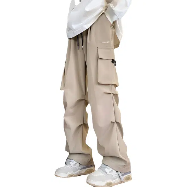 顶峰保罗 冰丝速干褶皱工装无性别主义长裤松紧腰弹力显高显瘦宽松大码透气百搭简约大口袋休闲裤 男女同款