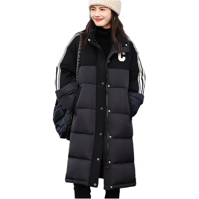 【dme】 纯色加厚保暖条纹立领长款羽绒服 女款