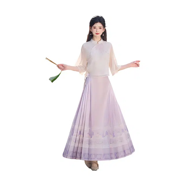 荟萃阁 新中式民族风改良立领五分袖上衣一片式印花马面裙裙装套装 女款