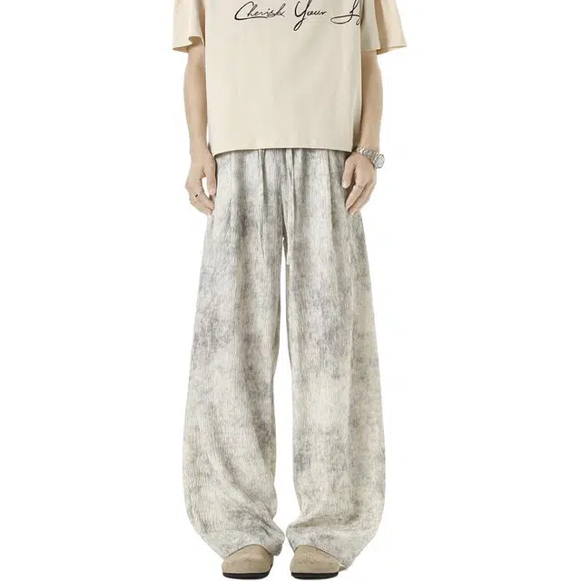 煦加 美式高街痞帅扎染树皮纹褶皱时尚百搭垂感宽松休闲裤 男女同款