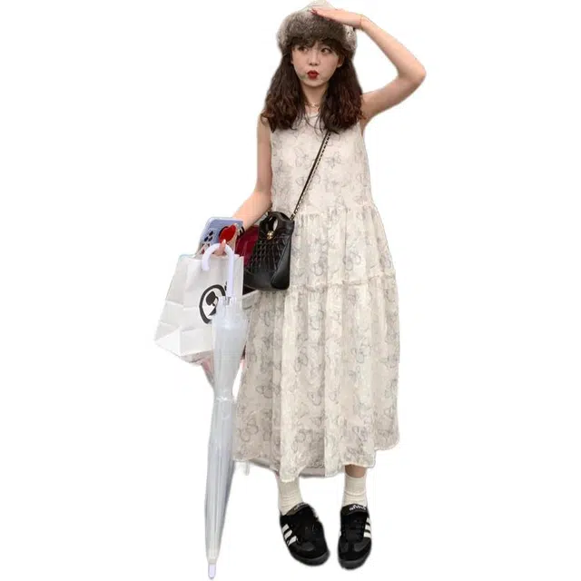 哒头下雨不愁 蝴蝶流苏背心裙夏季清新遮肉拼接设计感显瘦宽松无袖连衣裙 女款