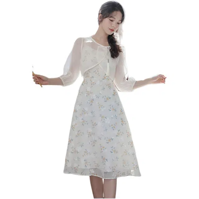 黛尔佳人 新中式女法式气质国风两件套度假小个子罩衫短袖连衣裙 女款