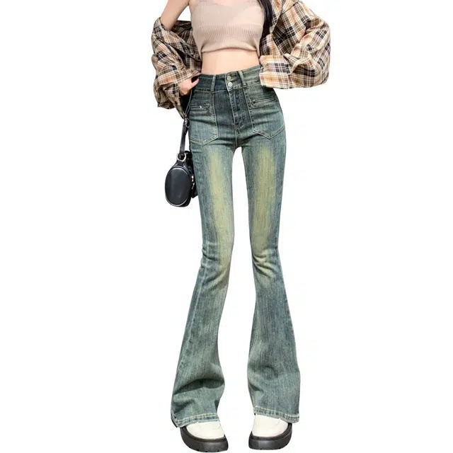 么宁 复古微喇叭高腰设计感辣妹马蹄牛仔裤 女款