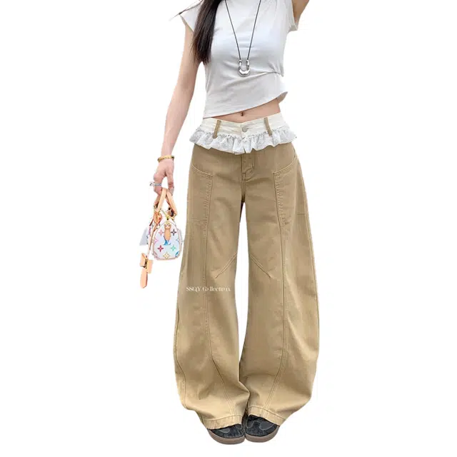 北极绒 蕾丝花边拼接高腰设计感阔腿长裤子牛仔裤 女款