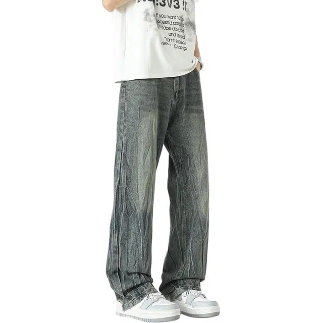 童先森 闪电纹高街嘻哈复古水洗美式小众长裤牛仔裤 男款