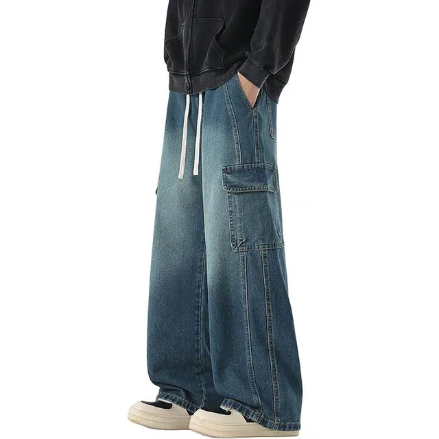 么宁 美式复古水洗做旧宽松直筒舒适百搭耐穿休闲牛仔裤 男女同款