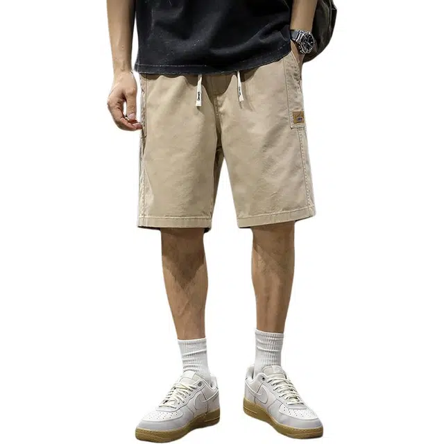 前进牛 夏季美式休闲简约时尚机能潮牌纯色水洗中腰纯棉男潮流拼接直筒中裤宽松大码夏季休闲五分裤工装短裤 男女同款