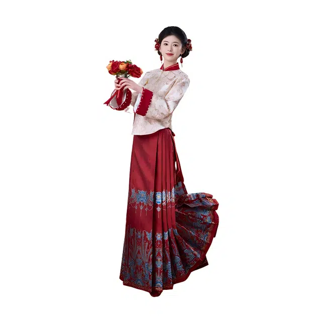 荟萃阁 新中式提花立领喜庆国风上衣一片式重工妆花织金马面裙两件套裙装套装 女款