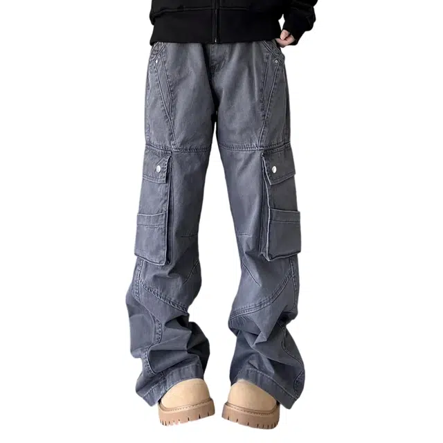 冈哉 美式解构多口袋拼接微喇设计时尚潮牌做旧机能风宽松百搭休闲工装裤 男女同款