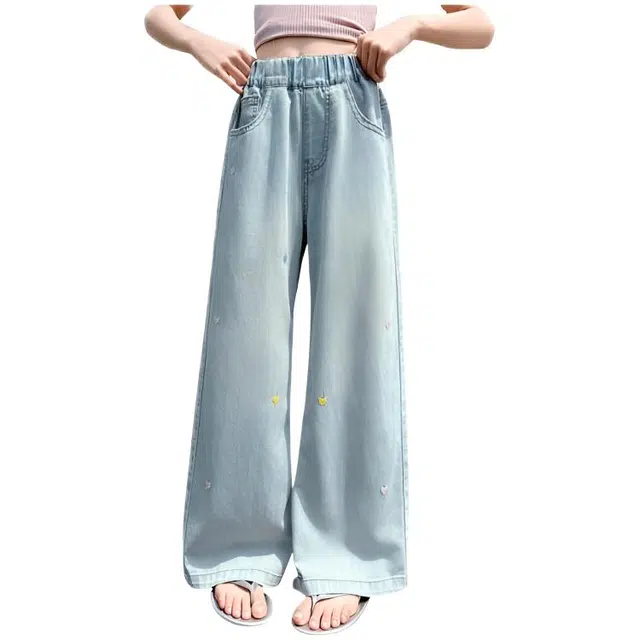 木木兔牛仔裤 时髦洋气中大童休闲百搭时尚女孩爱心刺绣天丝腿裤