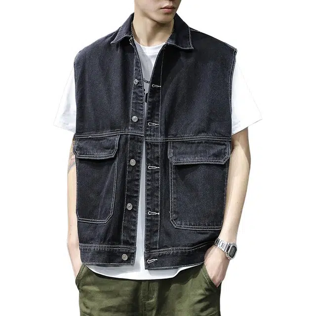 前进牛 美式休闲工装牛仔马甲宽松大码无袖坎肩痞帅大口袋外套背心 男女同款