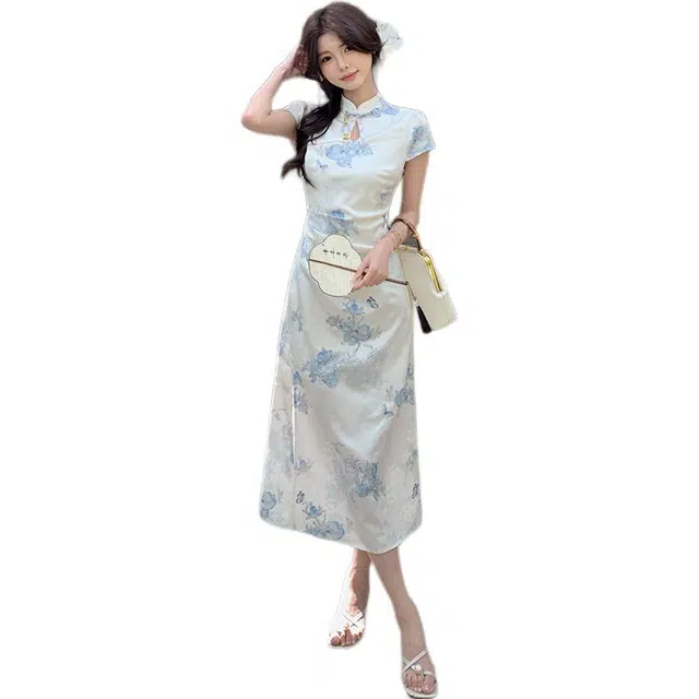 敲模女孩 新中式国风改良旗袍修身气质短袖连衣裙 女款