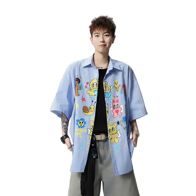 加荣 潮流卡通设计青少年街头户外短袖衬衫 男女同款