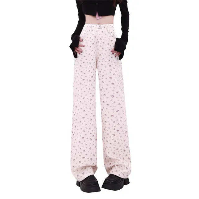 识恩 美式复古小碎花直筒设计感高腰显瘦牛仔裤 女款