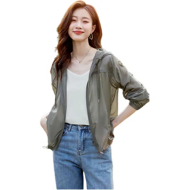 沫晗依美 纯色连帽拉链夹克外套 女款 浅灰色