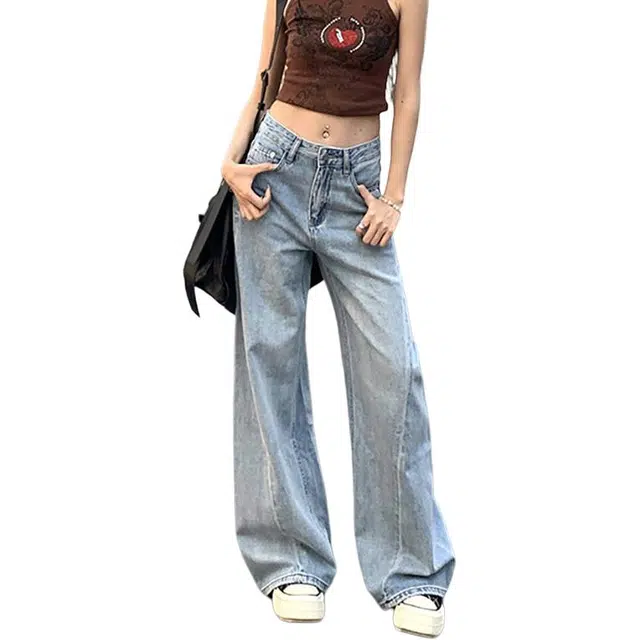 如续 侧缝线设计高腰微宽松喇叭拖地牛仔裤 女款