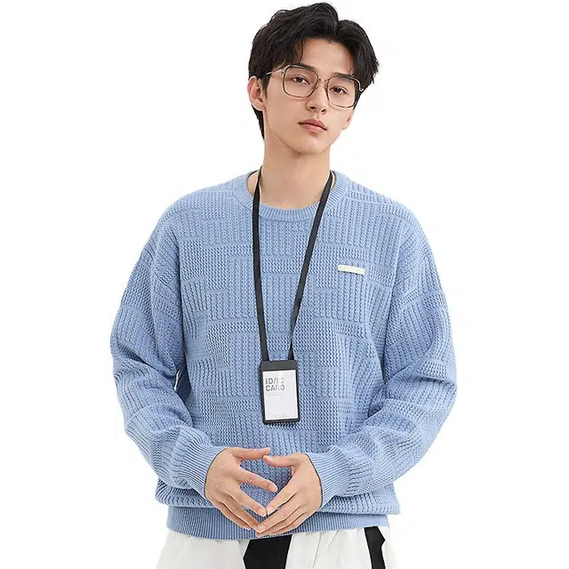 三福 肌理皮标都市时尚圆领长袖毛衣 男款