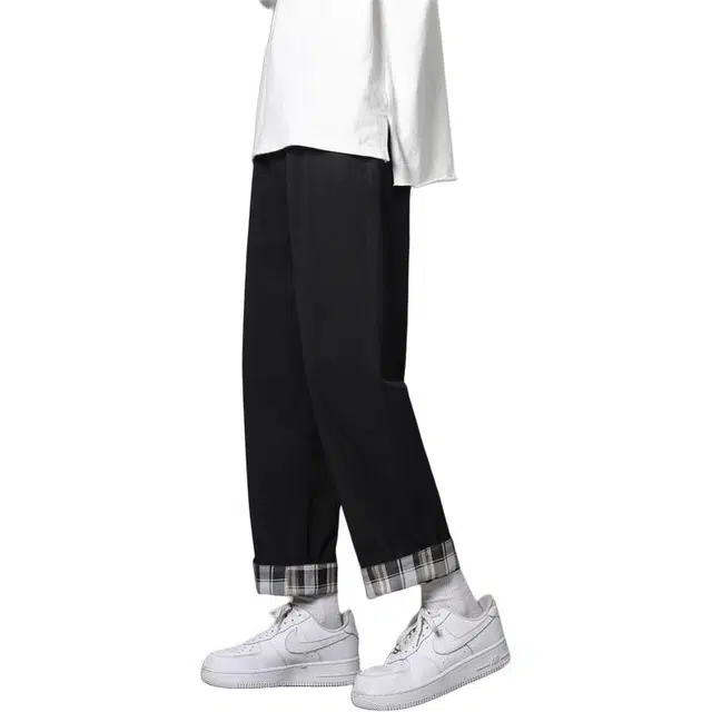 顶峰保罗 美式纯棉格纹卷边直筒九分卫裤潮牌纯色显高显瘦运动宽松百搭休闲裤 男女同款