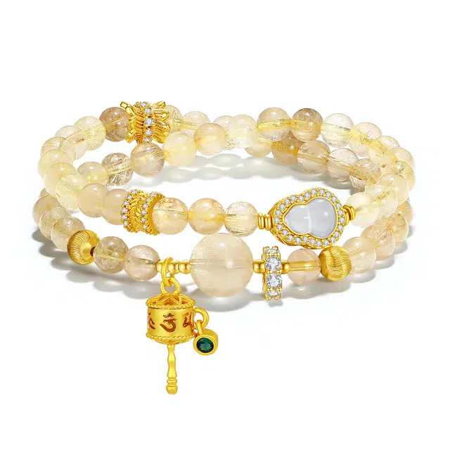 普陀山文创 国潮福泽深厚转经筒潮流招财进宝转运珠小众富贵吉祥福禄葫芦 黄发晶 手串 男女同款情侣款
