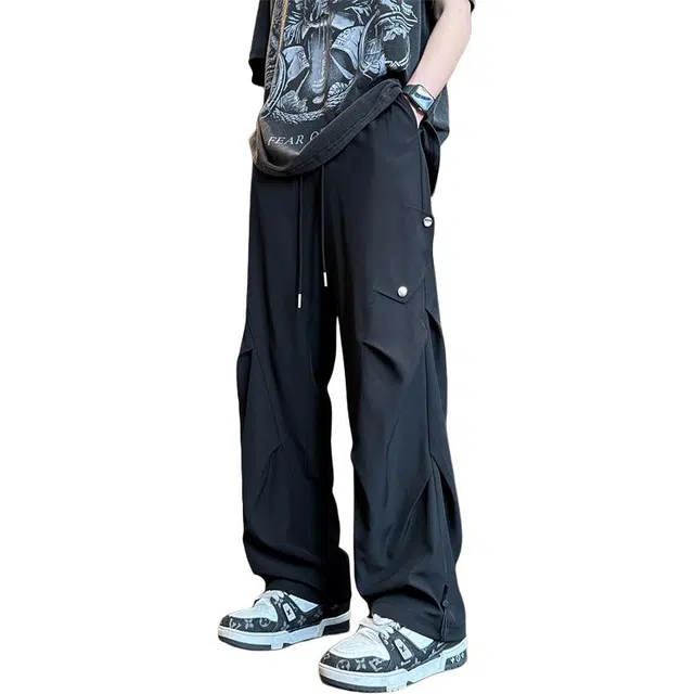 顶峰保罗 冰丝凉感透气舒适褶皱伞兵工装直筒长裤美式潮牌宽松小众百搭设计感痞帅显瘦休闲裤 男女同款